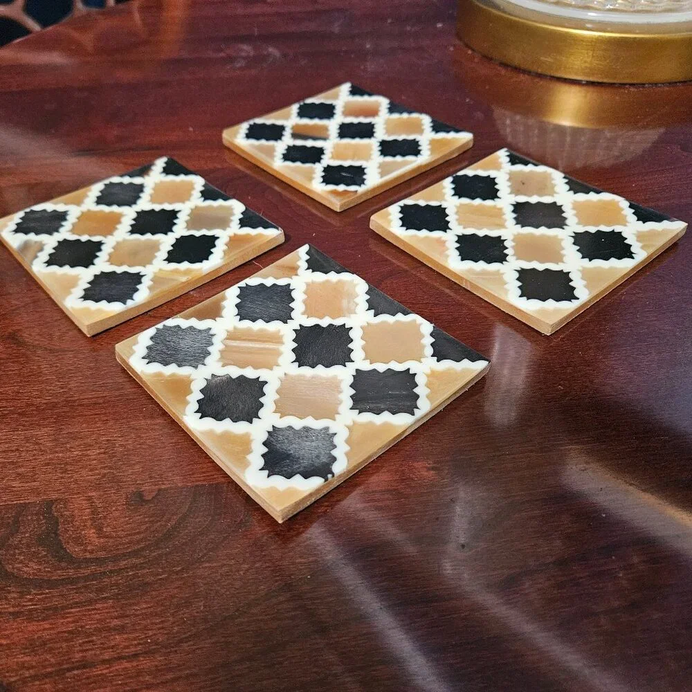 4 MODERN MY MELA BONE INLAID BLACK BEIGE BAR DRINK WOOD COASTERS MADE IN INDIA